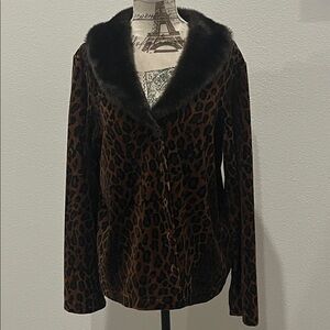 Vintage Carole Little Animal Print Brown Faux Fur Collar Jacket chocolate brown